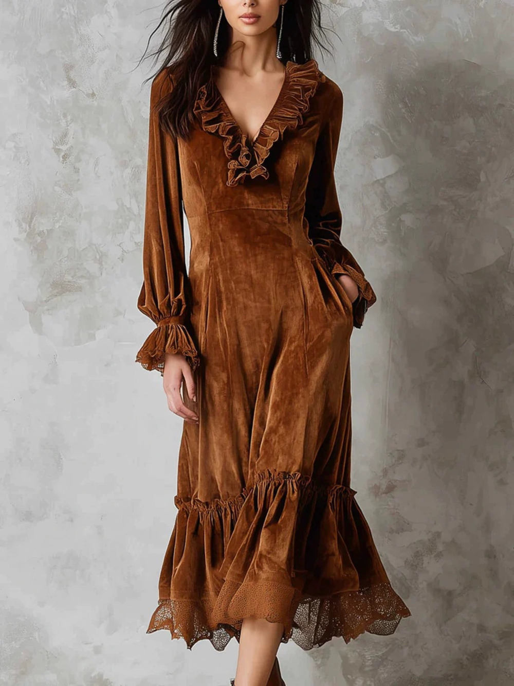 ZARA Long French Lace Trim Lantern Sleeve Ruffle Collar Velvet Dress
